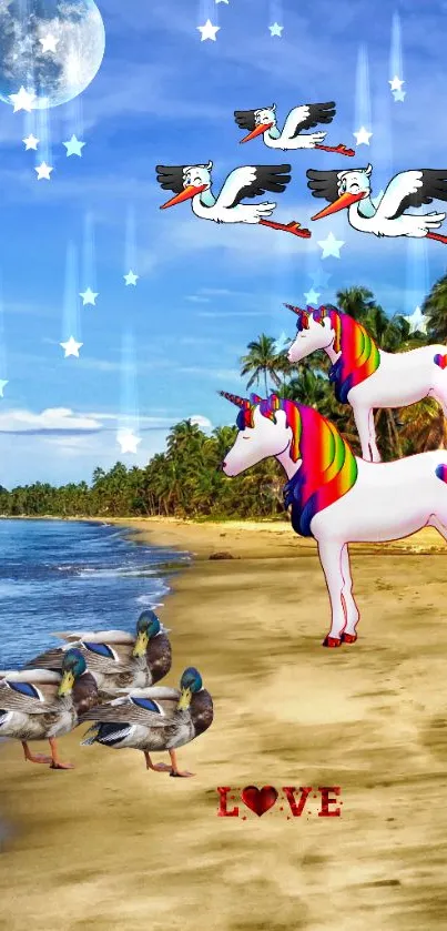 Magical unicorns on a whimsical beach with a vibrant sky.