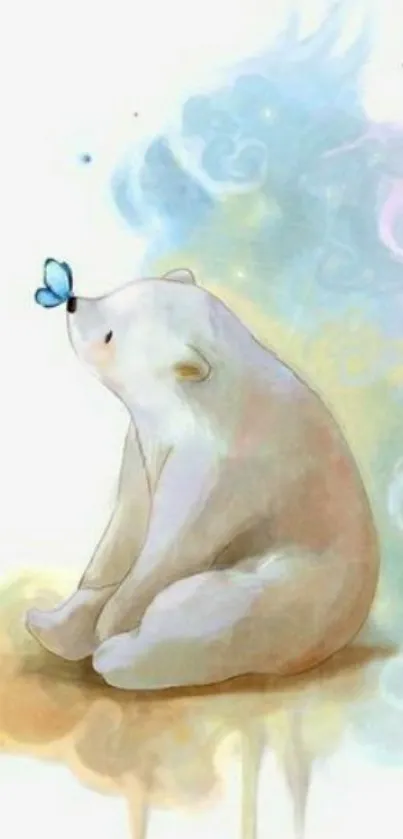 Cute polar bear with butterfly in watercolor art.