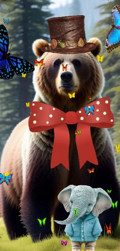 Whimsical bear with bowtie and elephant with butterflies.
