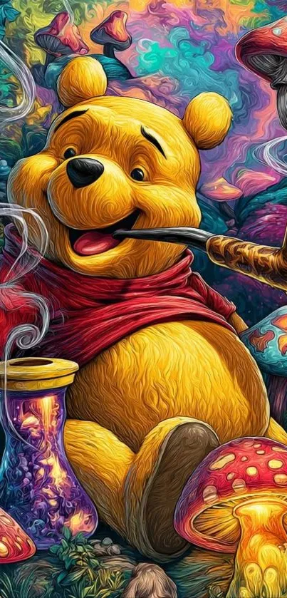 Whimsical bear with mushrooms in a colorful forest setting.