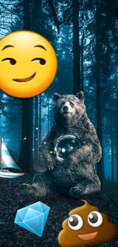 Bear and emojis in a dark blue forest setting, creating a whimsical wallpaper