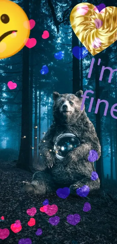 Bear with orb in enchanted forest, whimsical and surreal design.