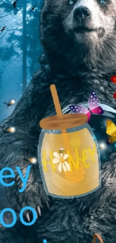 Whimsical bear in forest with honey jar and butterflies.