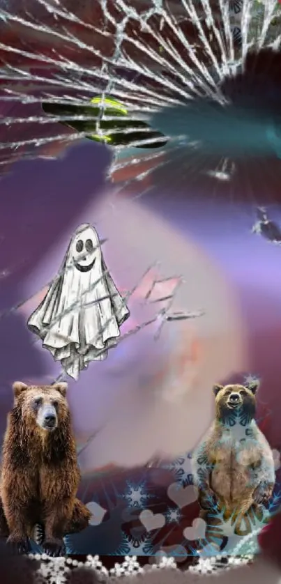 Whimsical art with bears and ghost on shattered background.