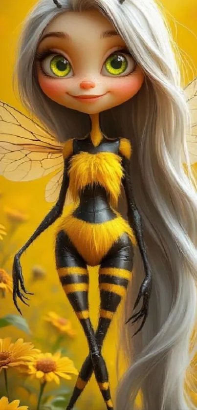 Whimsical bee fairy with flowers.