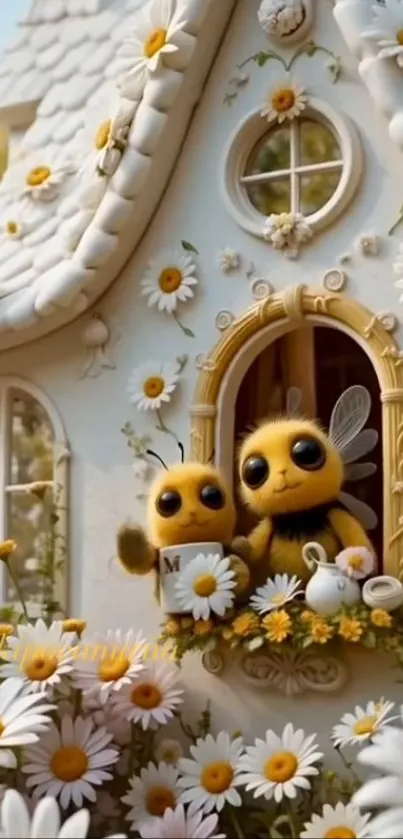 Cute bee house with daisies wallpaper