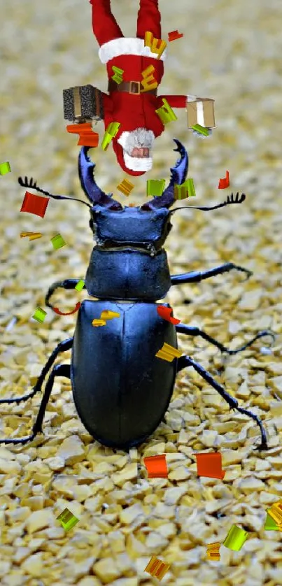 Beetle carrying a tiny Santa on yellow ochre background.