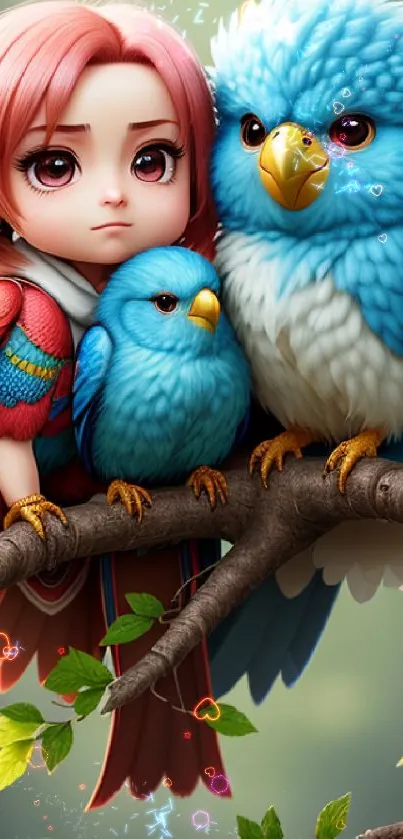 Whimsical illustration of a girl with colorful birds on a tree branch.