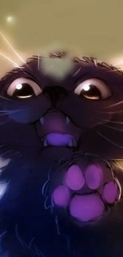 Whimsical black cat with glowing eyes and purple paw.