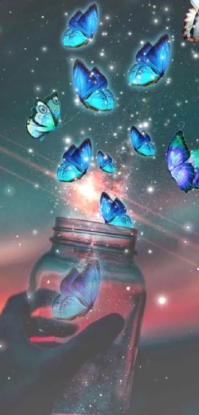 Blue butterflies emerge from a jar in a mystical night sky.