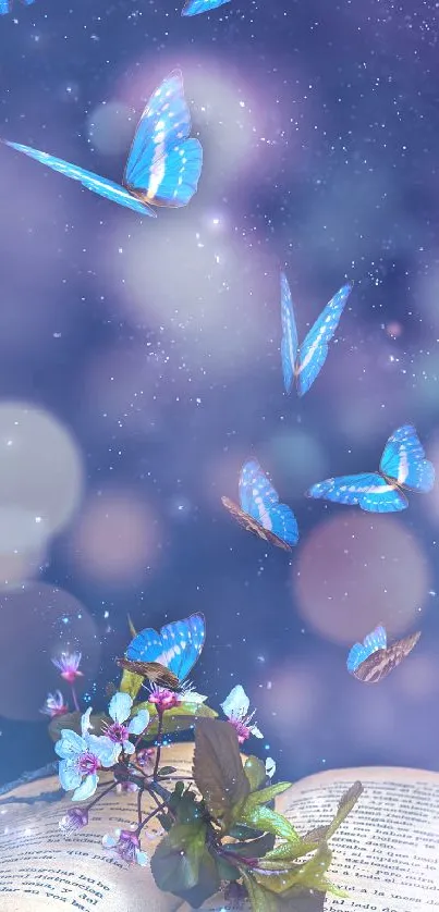 Blue butterflies and floral book on whimsical wallpaper with bokeh lights.