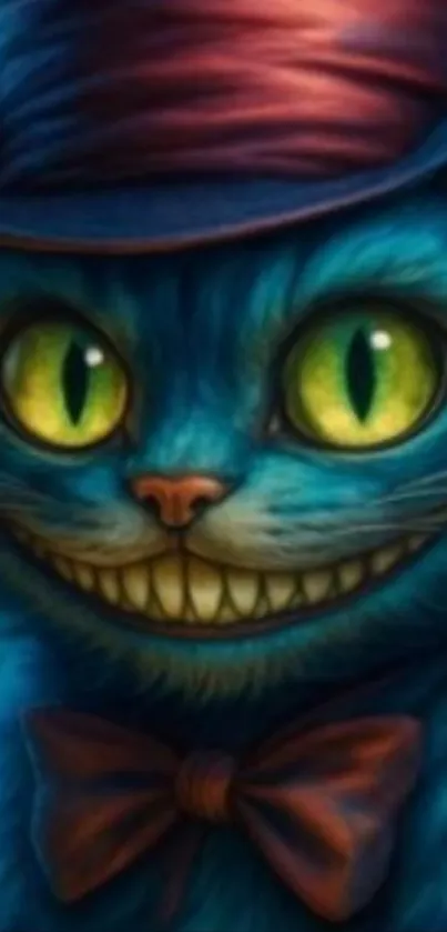Whimsical blue cat with top hat and bow.