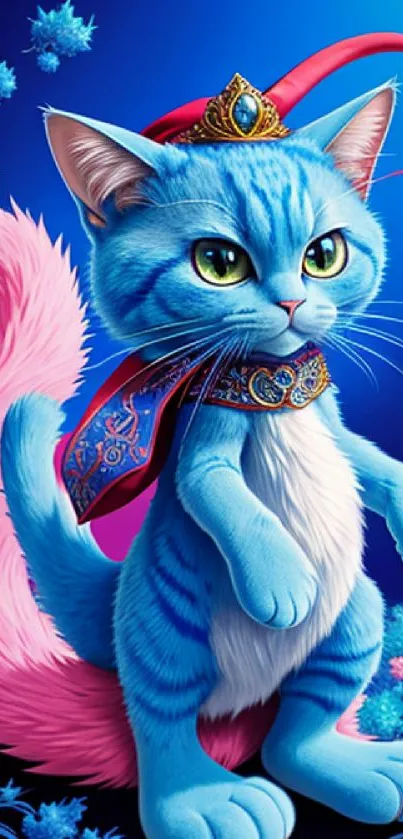 Whimsical blue cartoon cat with vivid colors and ornate decorations.