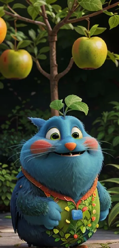 Charming blue creature under apple trees in a lush garden.