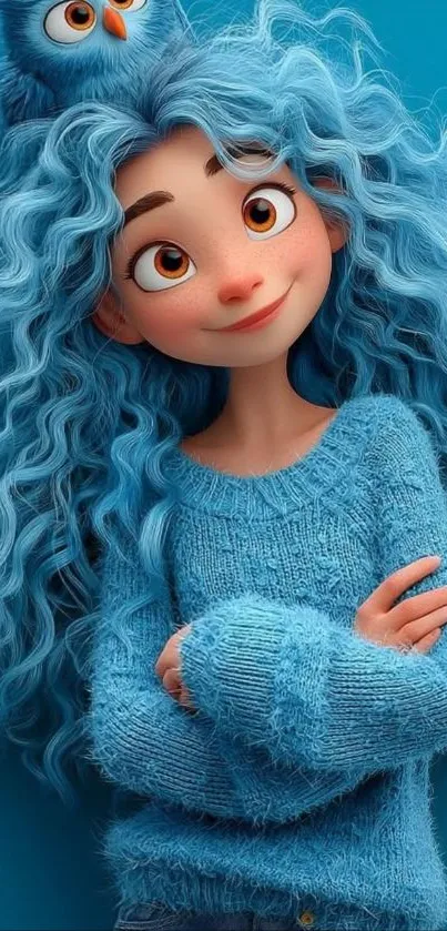 Whimsical cartoon character with blue hair and sweater, on a blue background.