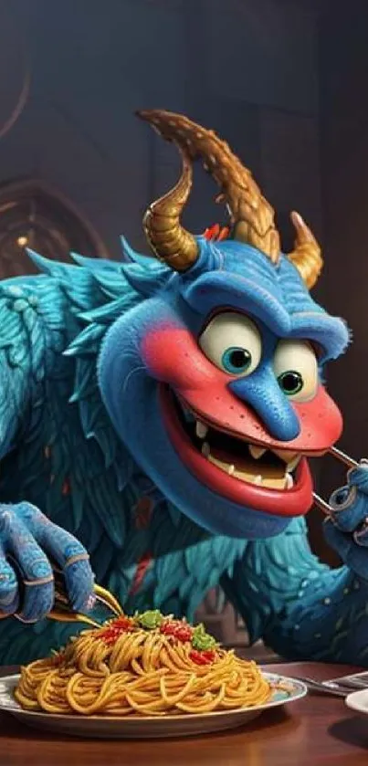 Blue cartoon monster enjoying spaghetti meal.