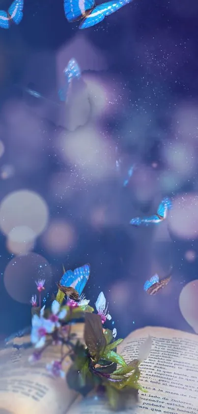 Blue butterflies fluttering over an open book with flowers, create a magical scene.