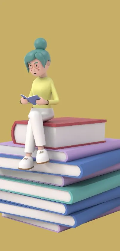 Cartoon character reading atop colorful books.