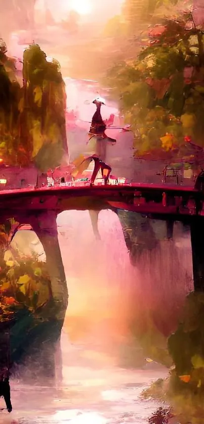 Whimsical fantasy bridge scene with dreamy light and vibrant colors.