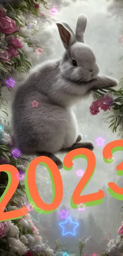 A whimsical bunny amid flowers with '2023' in bright colors on a mobile wallpaper.