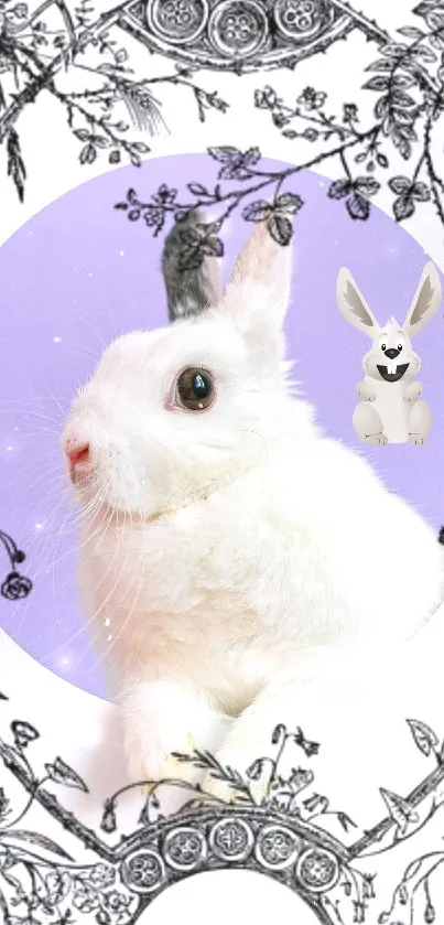 Whimsical white rabbit wallpaper with floral art and pastel purple background.