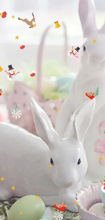 Cute bunnies with festive holiday elements in a whimsical wallpaper design.