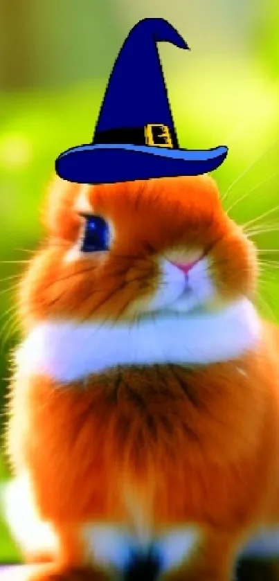 Charming bunny in a wizard hat amidst a vibrant, enchanted forest scene.