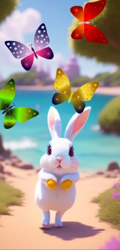 Cute bunny with colorful butterflies on a beach path in bright nature setting.