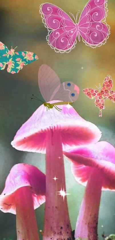 Whimsical pink mushrooms with butterflies in vibrant nature scene.