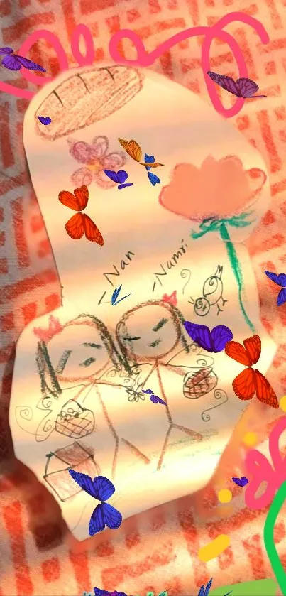 Whimsical mobile wallpaper with butterflies and doodles in vibrant colors.
