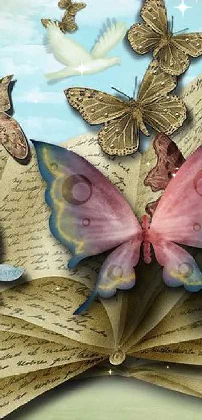 Colorful butterflies flying from an open book against a dreamy sky.