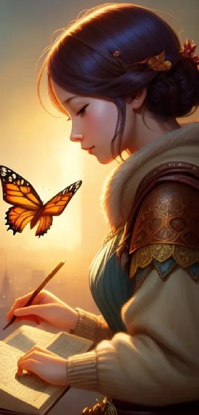 Whimsical medieval woman with butterflies in golden light.