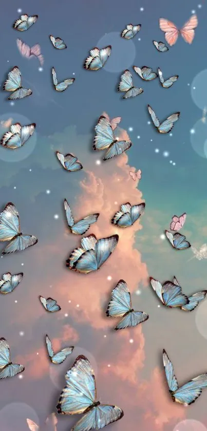 Whimsical mobile wallpaper with blue butterflies and pastel sky.