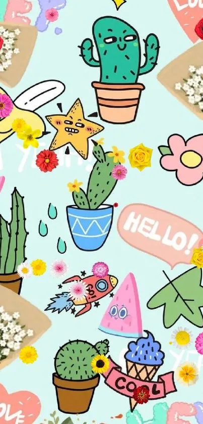 Whimsical mobile wallpaper with cacti and doodles.