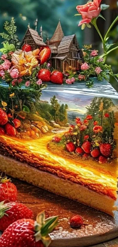 Whimsical cake with nature and strawberries.