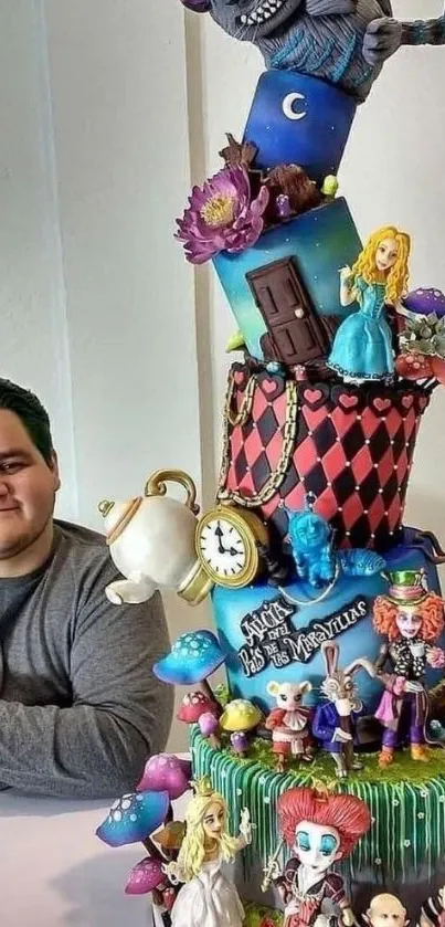 Vibrant Alice in Wonderland themed cake with whimsical decorations.