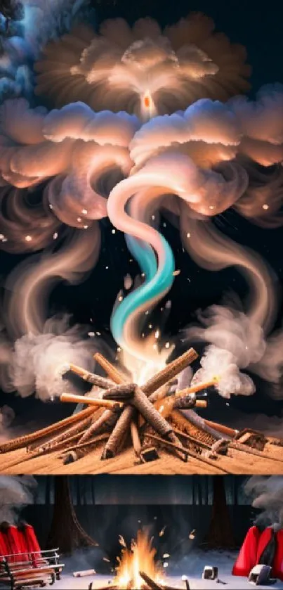 Whimsical campfire scene with magical clouds and tents under night's sky.