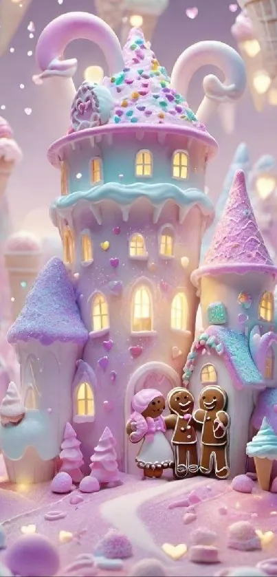 Whimsical pastel candy castle with gingerbread figures.