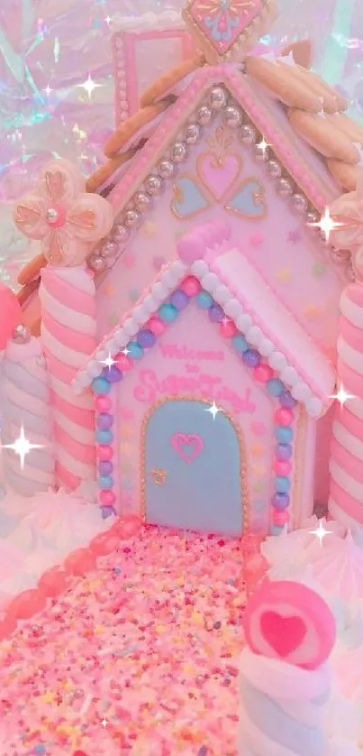 Whimsical candy castle with pastel colors and candy details.