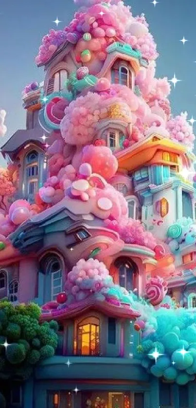 Whimsical candy-like house in pastel clouds, perfect for mobile wallpaper.