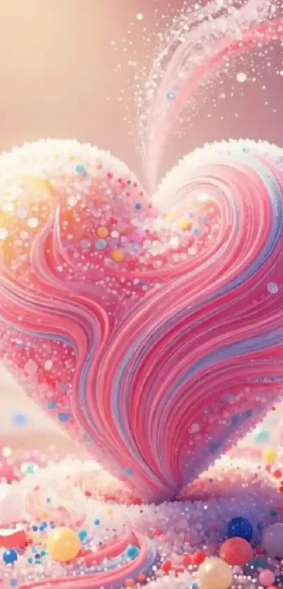 Whimsical candy heart with pink swirls and sugary textures.