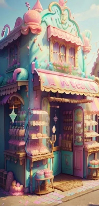 Whimsical fantasy candy store with pastel colors.