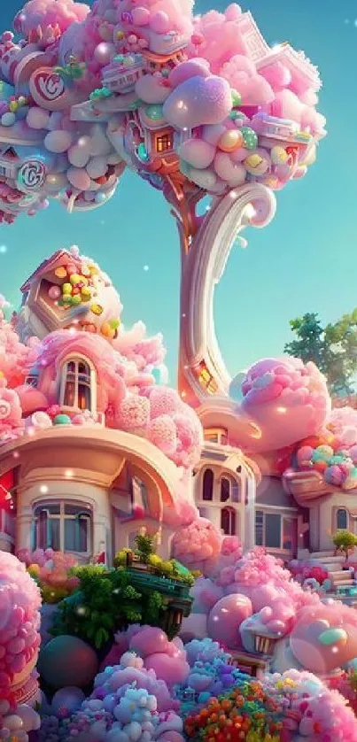 Whimsical candy landscape with pastel colors and fantasy architecture.