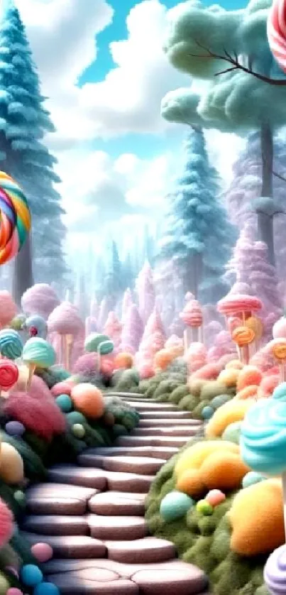 Whimsical landscape with candy trees and a winding path under a pastel sky.