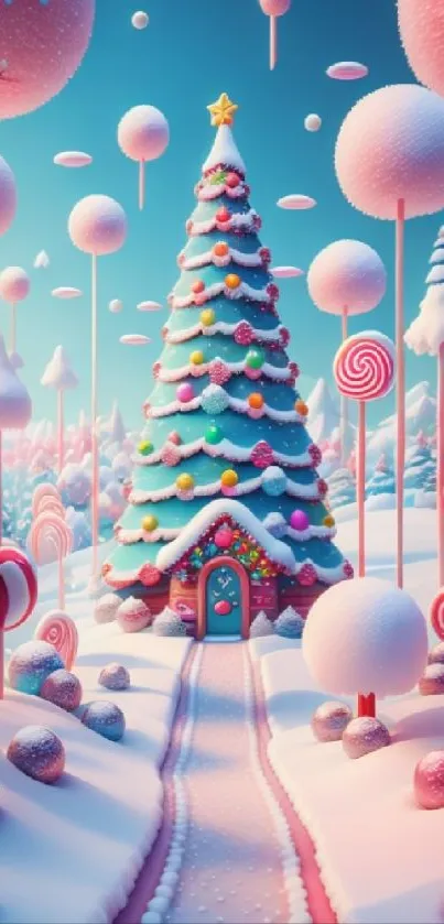 Whimsical candyland with Christmas tree and colorful sweets.