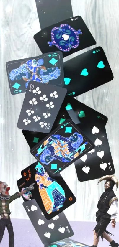 Whimsical playing cards tower with two figures on mobile wallpaper.