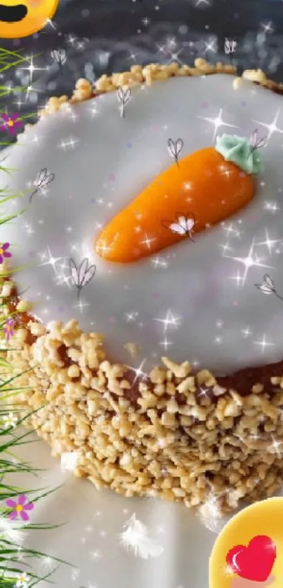 A whimsical carrot cake with colorful emojis and sparkles on a glass plate.