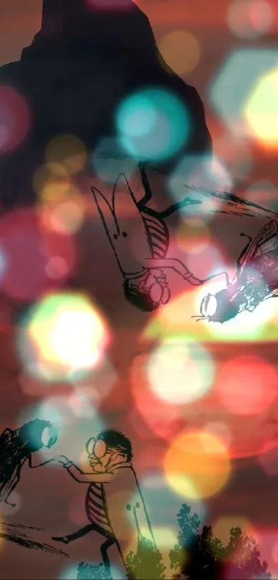 Whimsical cartoon insects with bokeh lights on red background.