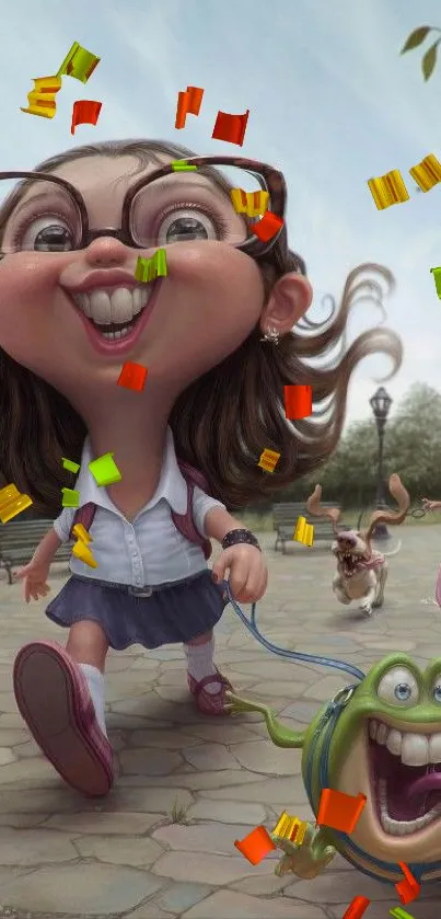 Whimsical cartoon art featuring a girl and a playful creature in a park setting.