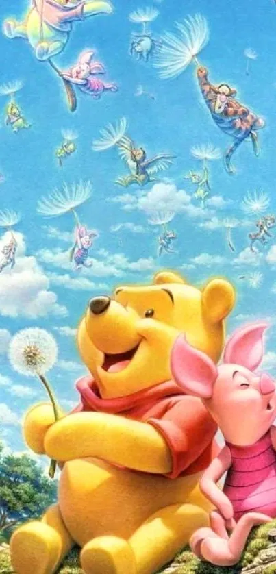 Colorful cartoon characters with dandelions in a blue sky.